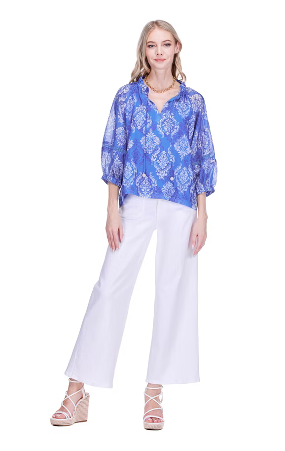 Blue Damask Trimmed Peasant Top by JoyJoy