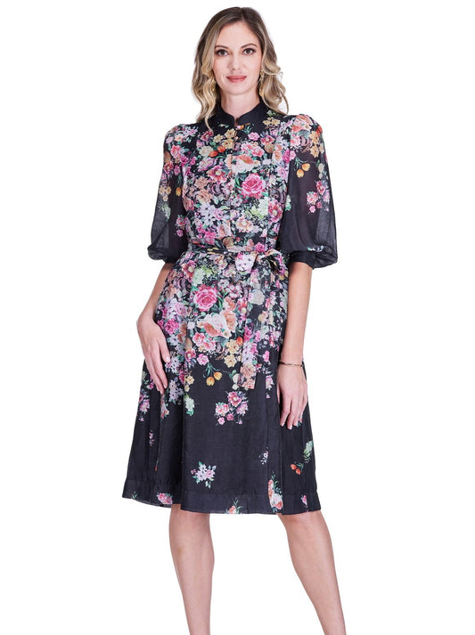 Bloom Noir Stand Collar A-Line Dress by Jade