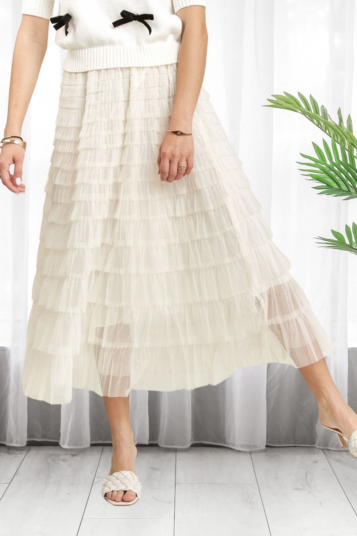 Cream Tulle Midi Skirt