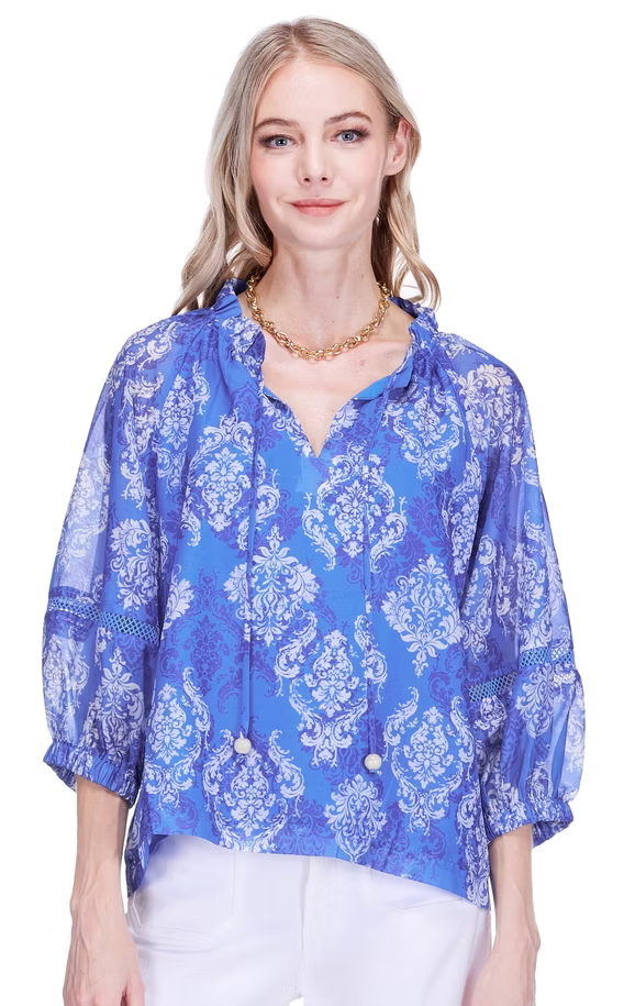 Blue Damask Trimmed Peasant Top by JoyJoy