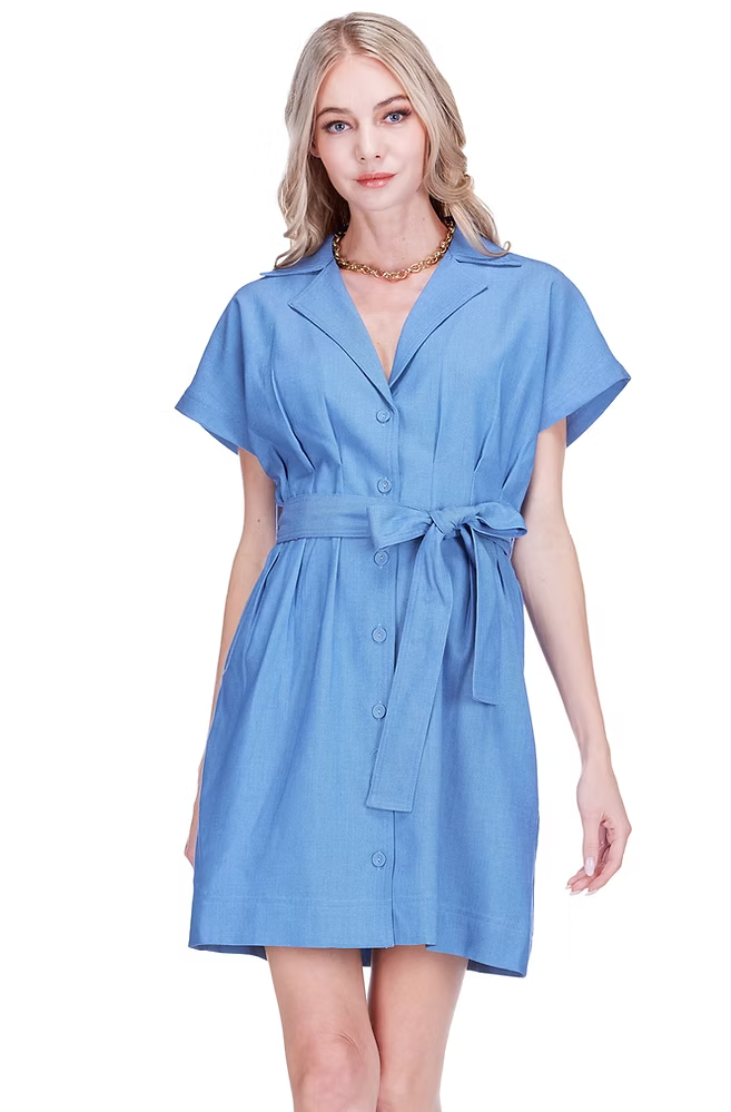 Denim Waist Pleated Button Dress by JoyJoy