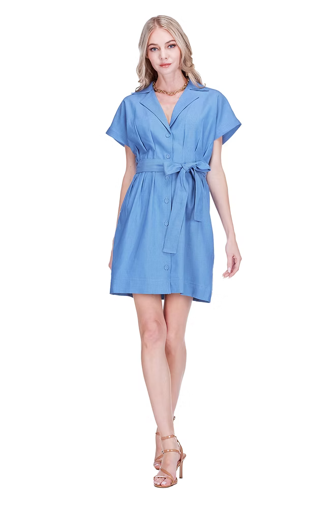 Denim Waist Pleated Button Dress by JoyJoy