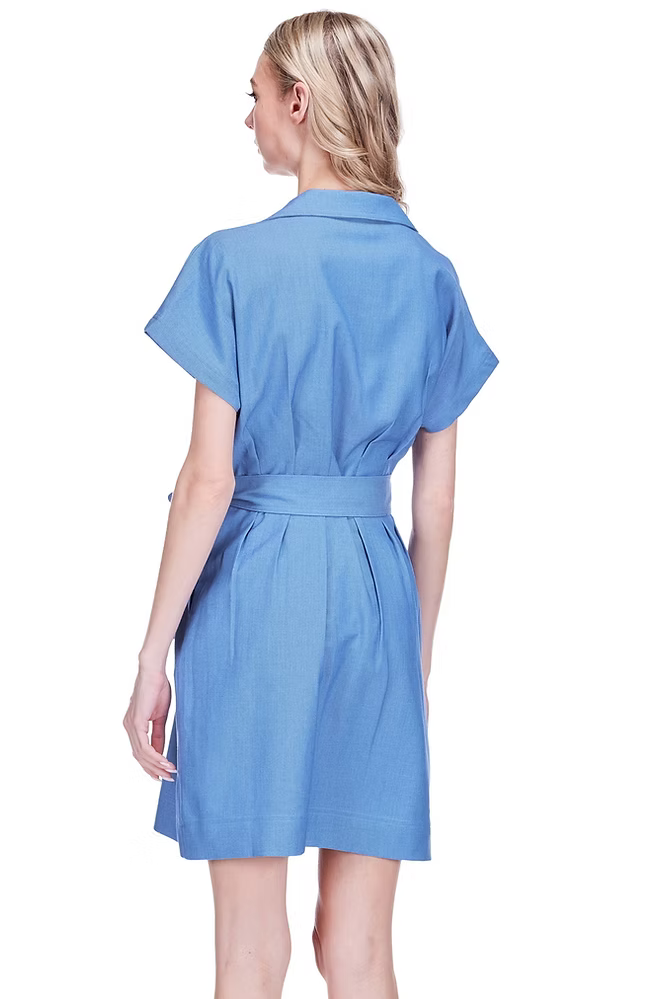 Denim Waist Pleated Button Dress by JoyJoy