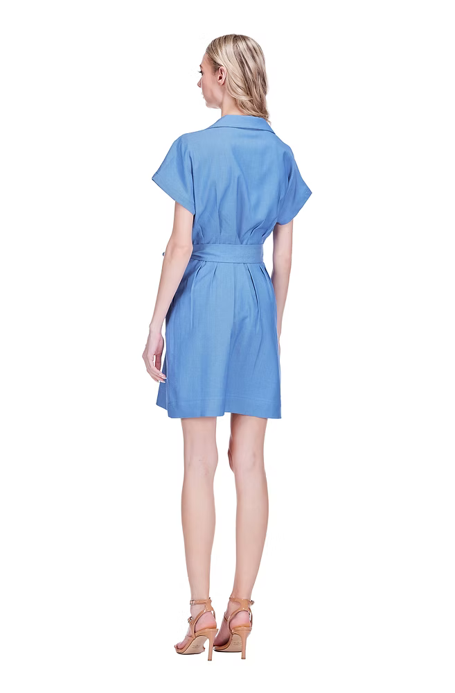 Denim Waist Pleated Button Dress by JoyJoy