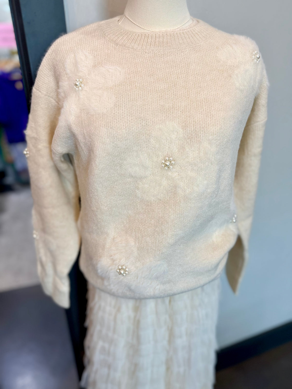 Floral Sweater with Beading in Cream