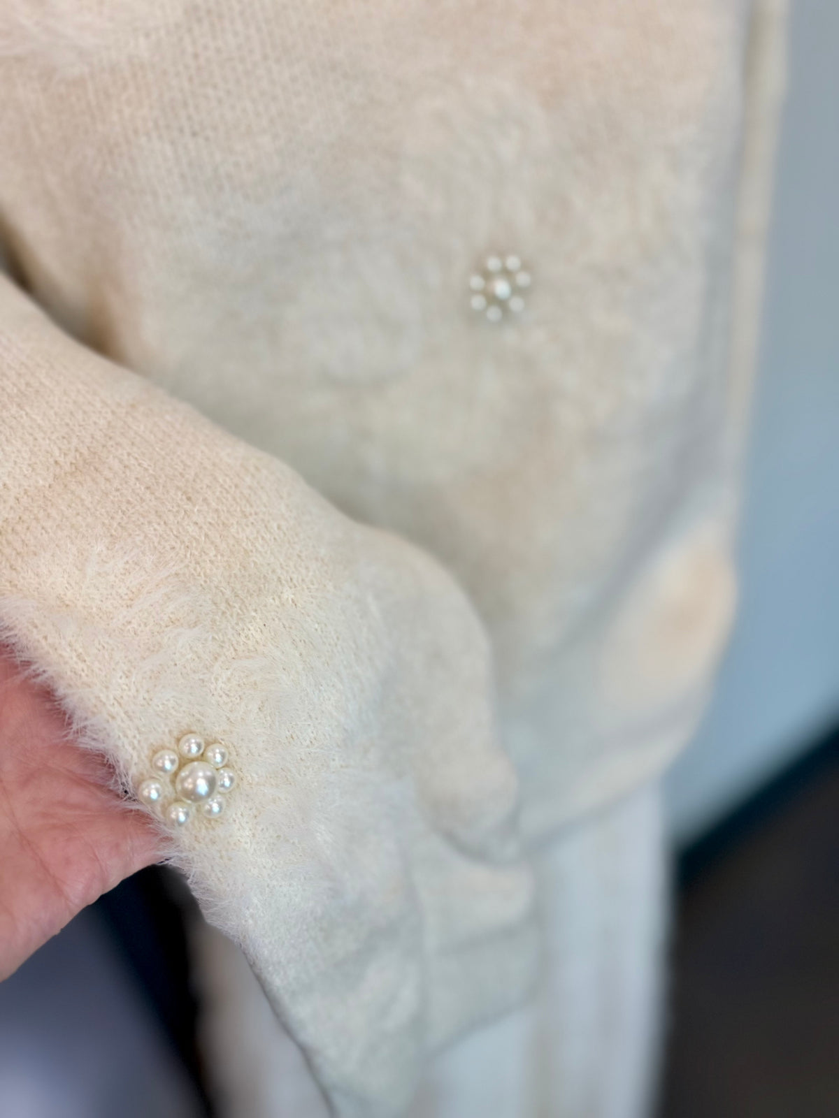 Floral Sweater with Beading in Cream