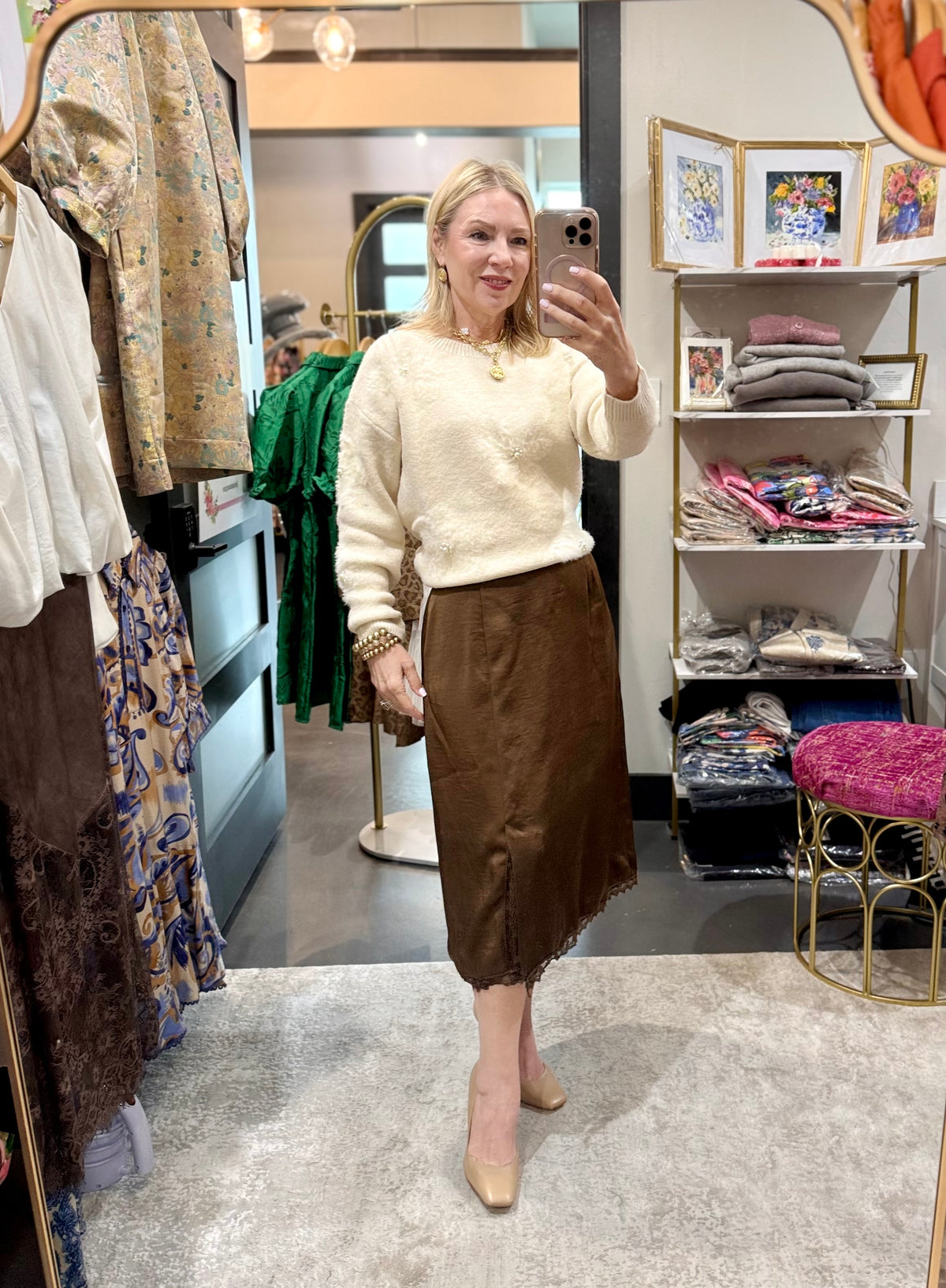 Chocolate Satin Skirt with Lace Trim
