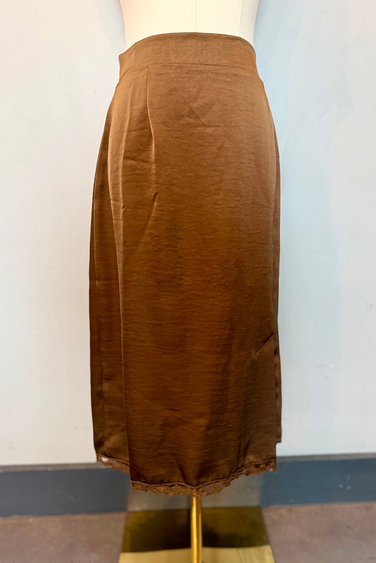 Chocolate Satin Skirt with Lace Trim