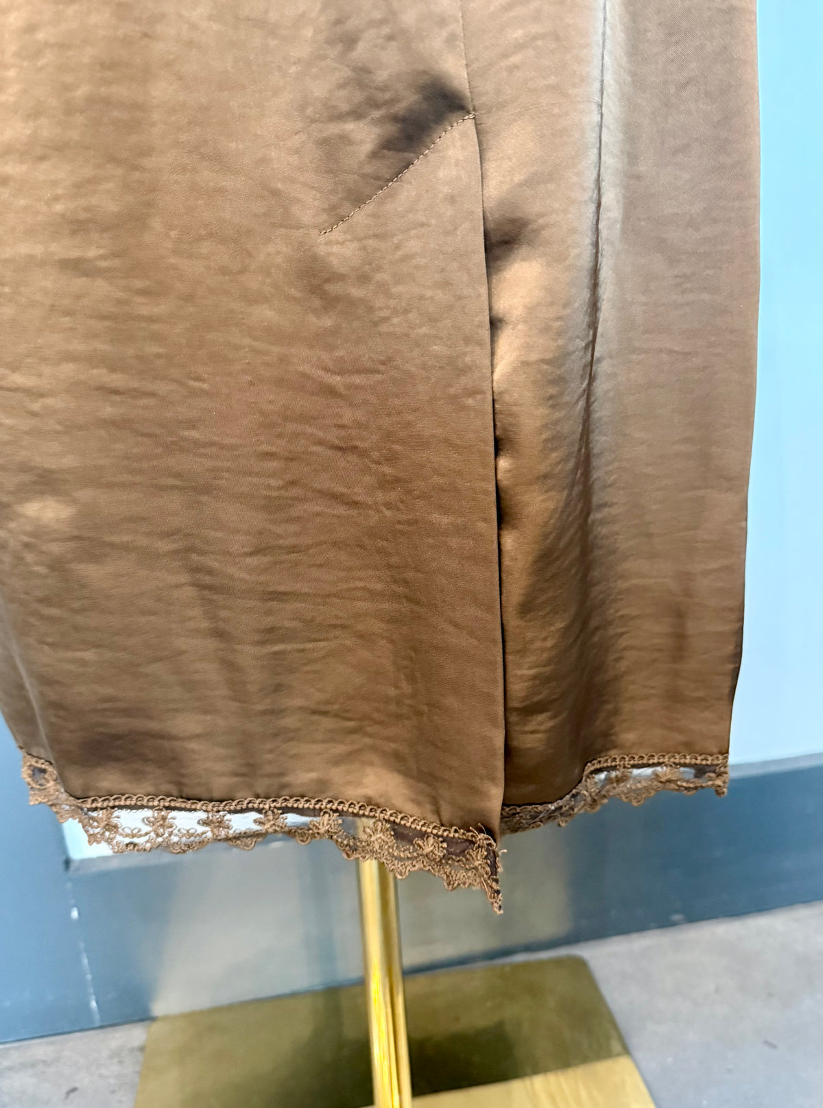 Chocolate Satin Skirt with Lace Trim