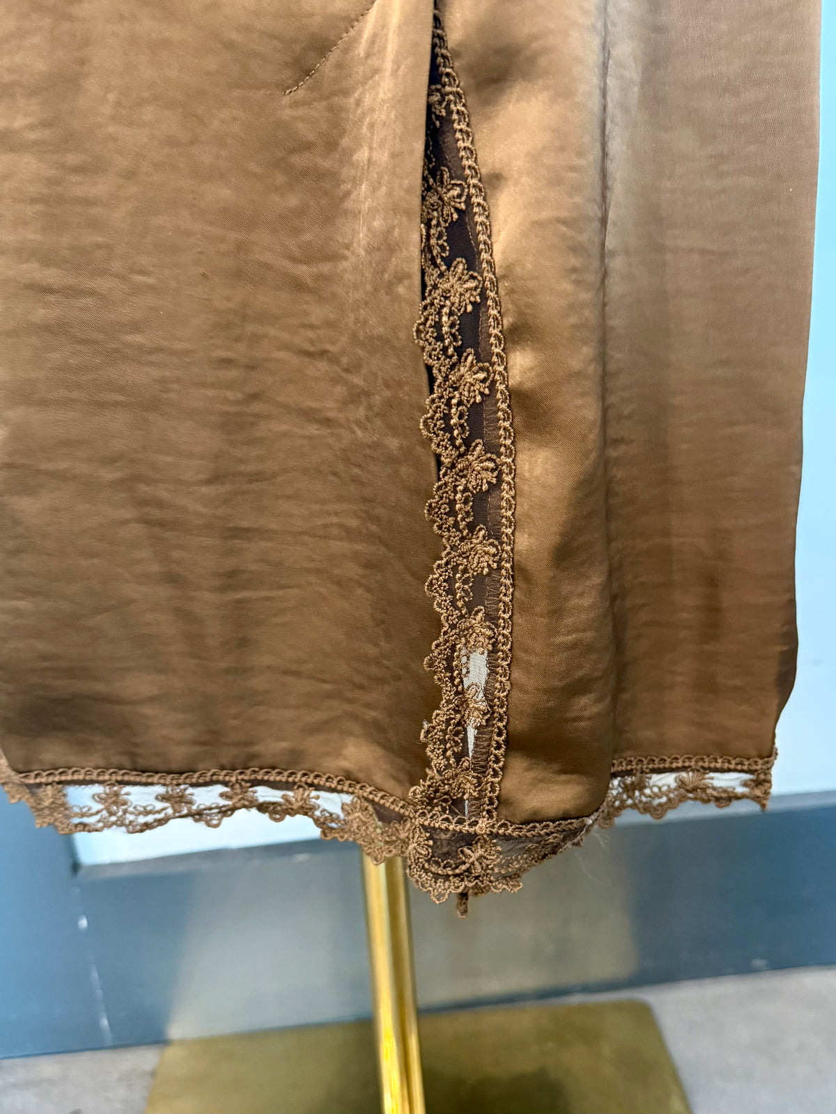 Chocolate Satin Skirt with Lace Trim