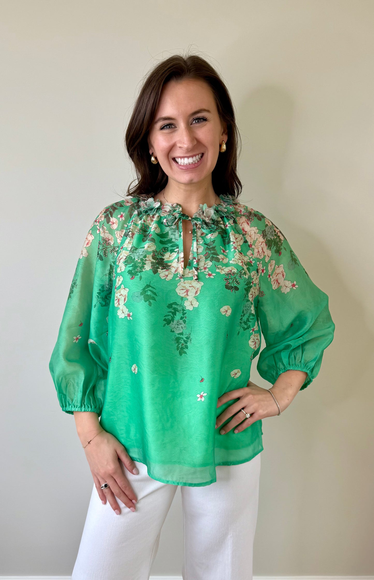 Emerald Bloom Dimensional Flowers Top by Jade