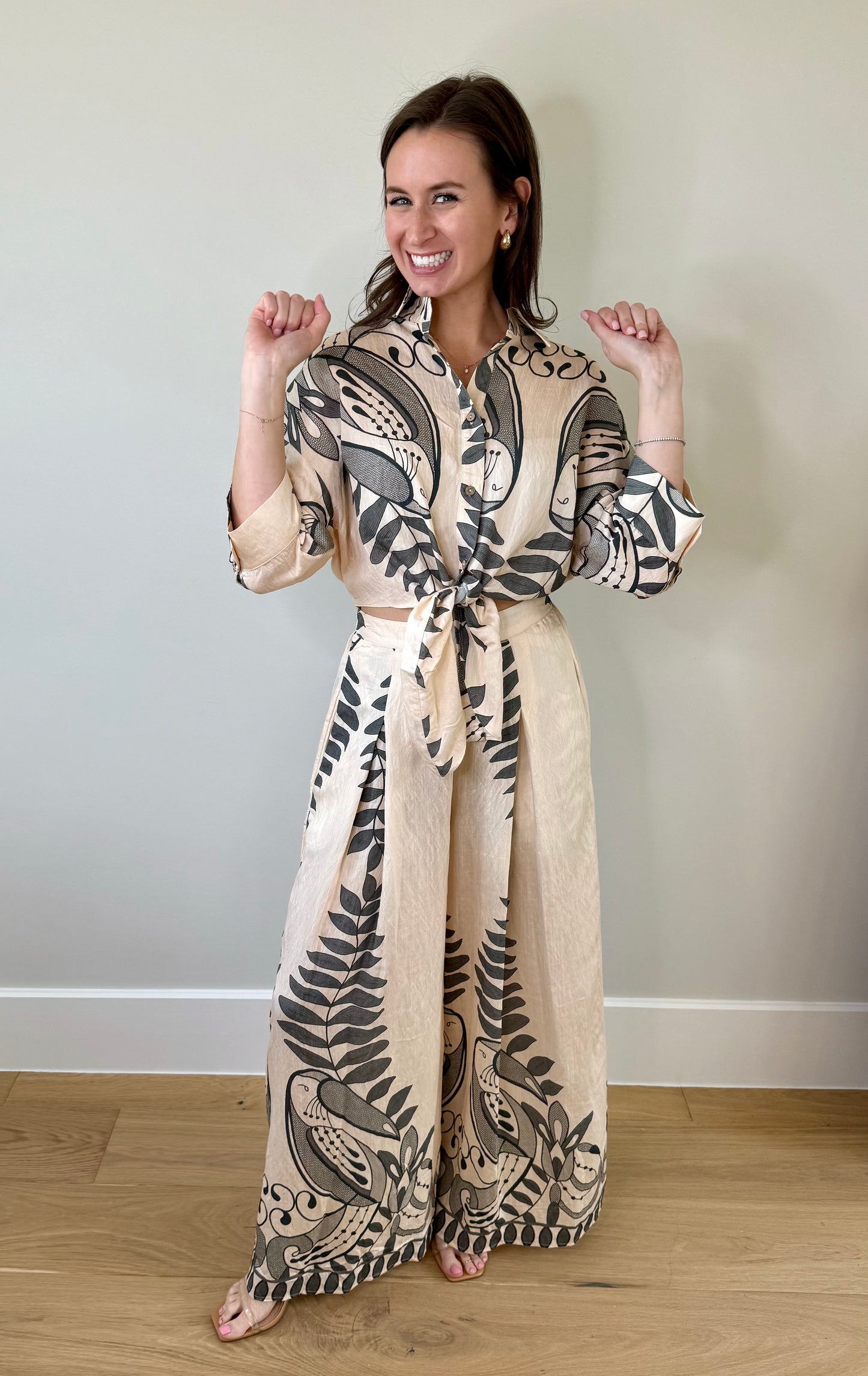 Two Piece Tie Front Top and Pant Set