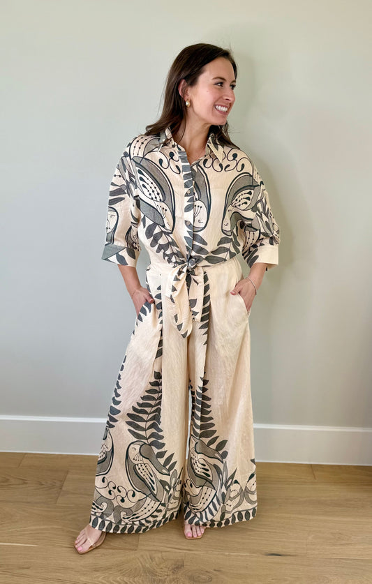 Two Piece Tie Front Top and Pant Set