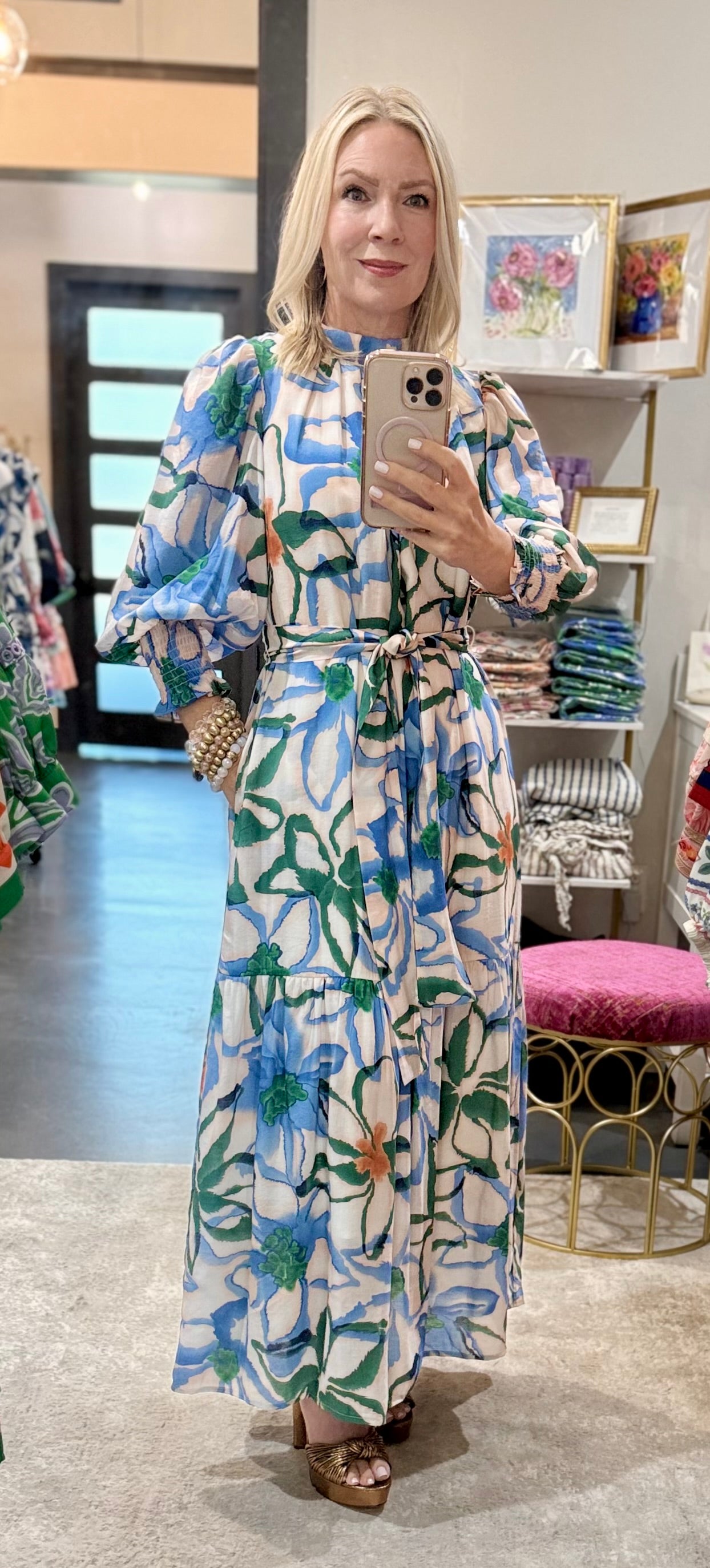 Wandering Bloom Pleated Neck Maxi