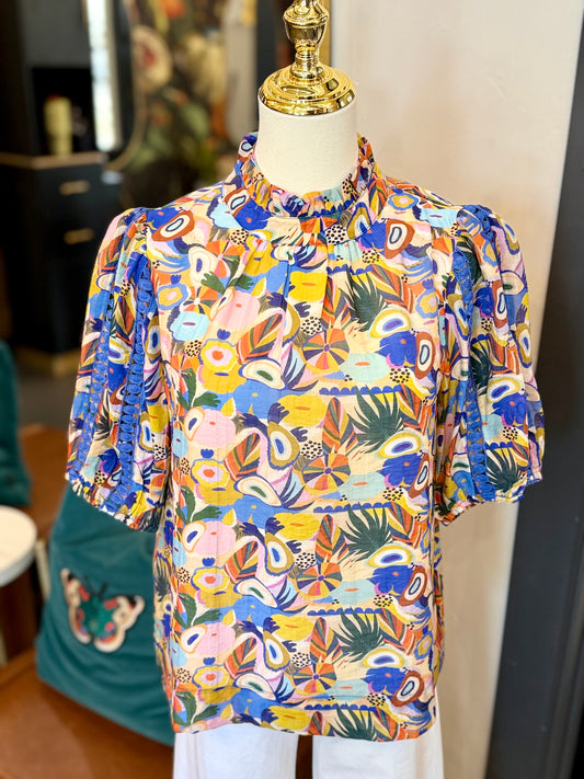 Petal Mosaic Puff Sleeve Trim Top