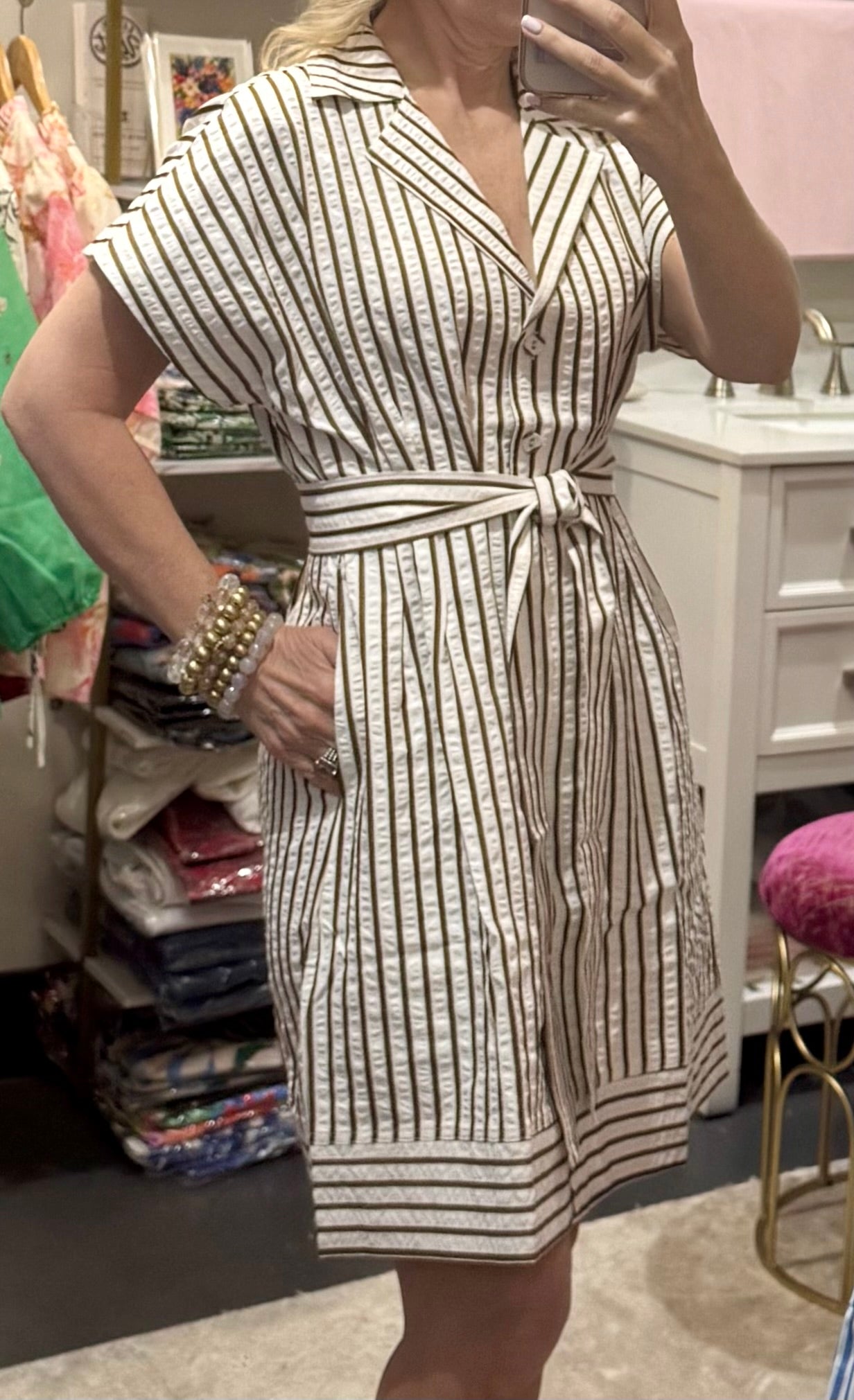 Brown Striped Pleated Button Dress