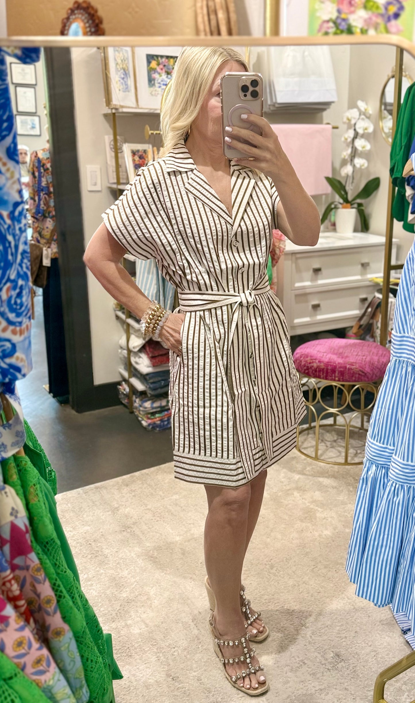 Brown Striped Pleated Button Dress